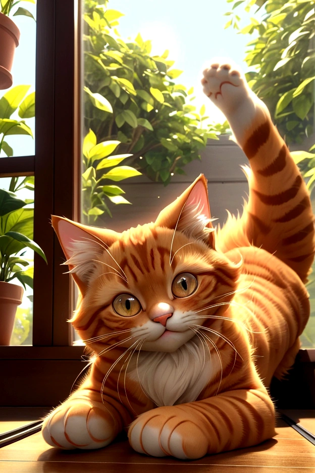 Oliver, the fluffy cute ginger cat, stretched lazily, his soft paws reaching out to touch the glass. His face lit up with a contented smile as the warm sun made his fur glow. He purred contentedly, enjoying the serene morning. (good quality:1.2), (Ultradetailed:1.2), (ultradetailed face:1.2), (ultradetailed body:1.2)