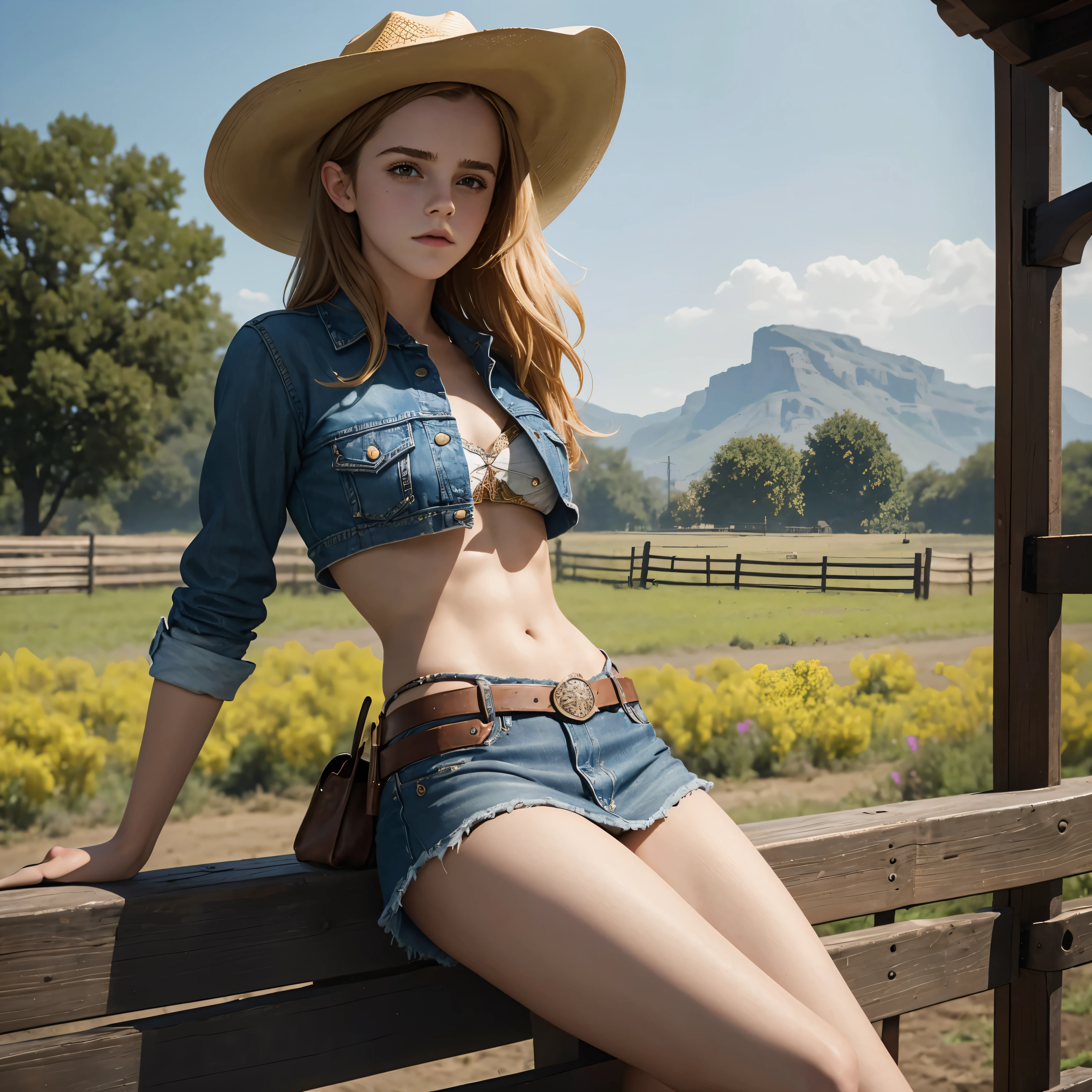 (((cowgirl costume))),(((wear a low waist denim shorts and a long western boots))),(((Photographing a girl from back))),(((kneeling))),(((wear a Western Hat))),(((wearing a leather belt))),(((wearing a leather vest and a plaid front-knot shirt))),(((bare inner thigh))),(((bare side breast))),(((Her hair is blonde))),ulzzang-6500-v1.1, (Raw photo:1.2), (Photo realistic:1.4), a beautiful detailed girl, extremely detailed eye and face, beautiful detailed eyes, ultra-detailed, High resolution, top-quality, masterpiece, highly detailed, 8k wallpaper, Wonderful, finely detail, top-quality, Light on the face,电影灯光,1girl in,(Fort Worth Stockyards Cowtown Coliseum),Beautiful eyes,smile,Opening Mouth