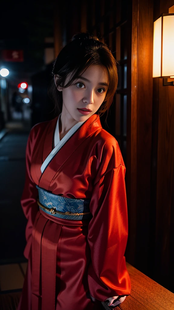 one girl,Beutiful women, In a corner of Kyoto,At night,Wear a red kimono