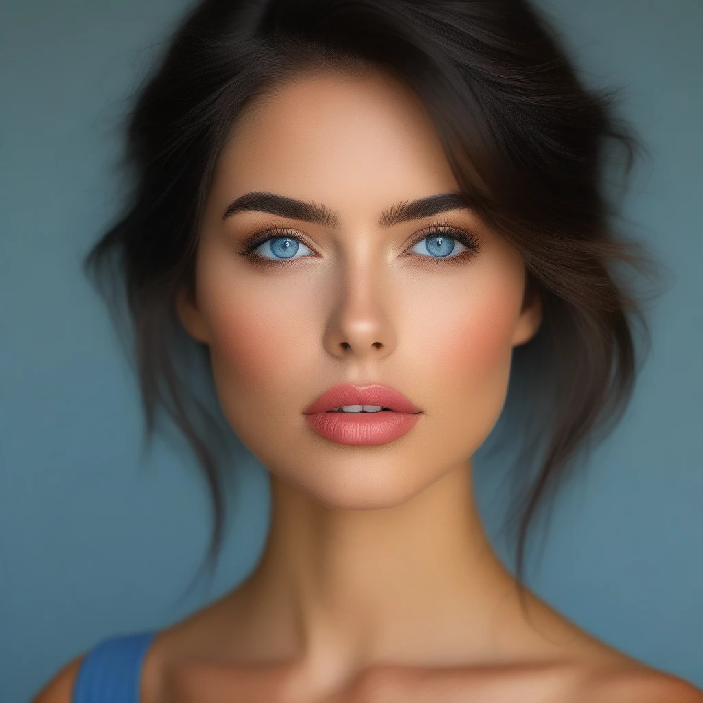 Maginifique, 1fille, seulement, regarder le spectateur, cheveux courts, yeux bleus, cheveux bruns, chemise, cheveux noirs, bouche fermée, clavicule, lèvres, cils, Se maquiller, blue chemise, lèvrestick, portrait, réaliste, nez, red lèvres