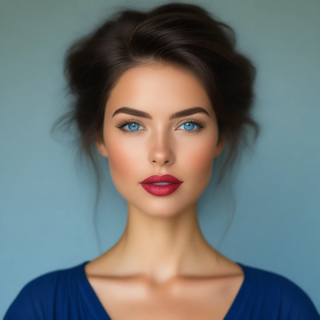 Maginifique, 1fille, seulement, regarder le spectateur, cheveux courts, yeux bleus, cheveux bruns, chemise, cheveux noirs, bouche fermée, clavicule, lèvres, cils, Se maquiller, blue chemise, lèvrestick, portrait, réaliste, nez, red lèvres