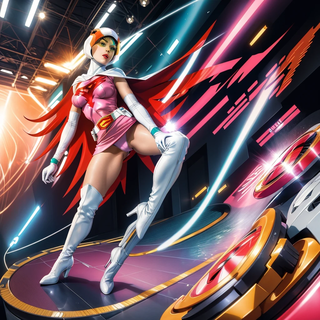 ANI_CLASSIC_jun_gatchaman_ownwaifu,1girl, 15yo,good anatomy, masterpiece, best quality,realistic, hyperrealistic, 16k hdr, long hair,breasts,green eyes,lips,large breasts,lipstick,makeup,gloves,cape,helmet,belt,elbow gloves,white gloves,mask,ultra miniskirt,leotard,spacesuit,white tight overknee highheels boots,pink dress,superhero,bodysuit,cleavage,erected nipples,(sexy pose,front view),(spread legs:1.1),cameltoe
