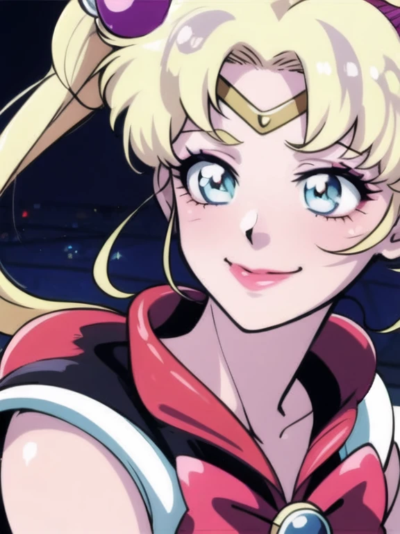 tsukino usagi, close up, sailor moon, 1girl, solo, long hair , as harley quinn, makeup, evil smile,