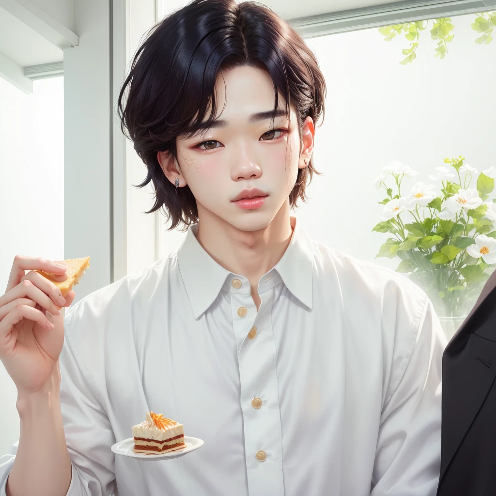 There is a man holding a piece of food in his hand, Jimin\the full lips, accurate Jimin face, Jimin\the Greek nose, Jimin\the right eyelid is swollen, Tae June Kim, Jimin, park Jimin, adorable and pale korean face, hyung tae, kentaro, Kim Doyoung, jin do bts, jung jaehyun