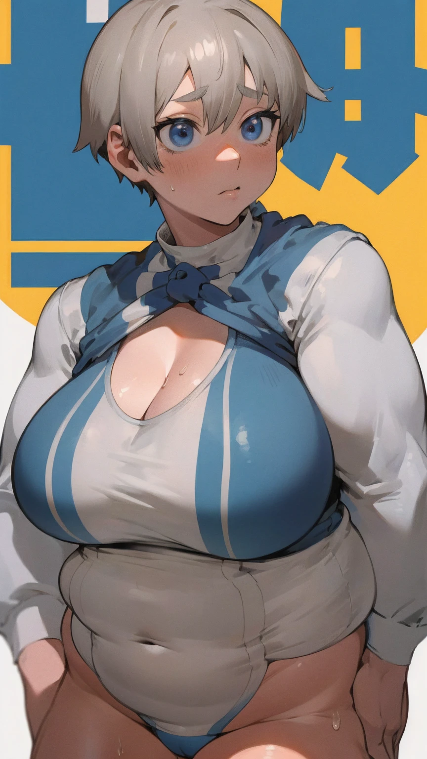 masterpiece, best quality, ultra-detailed, Potrait of beautiful , (chubby) (muscular), (plump), (sexly), (cleavage), ((tomboy)), (アニメ), (Breasts), (Plump), ((very short hair)), ((Uzaki Hana)), (overweight), (Gray Hair), ((Saggy breasts)), (blue eyes), (Short Hair), (blue eyes), ((thick)), (Smelly body), (Sweaty body), (cleavage), 