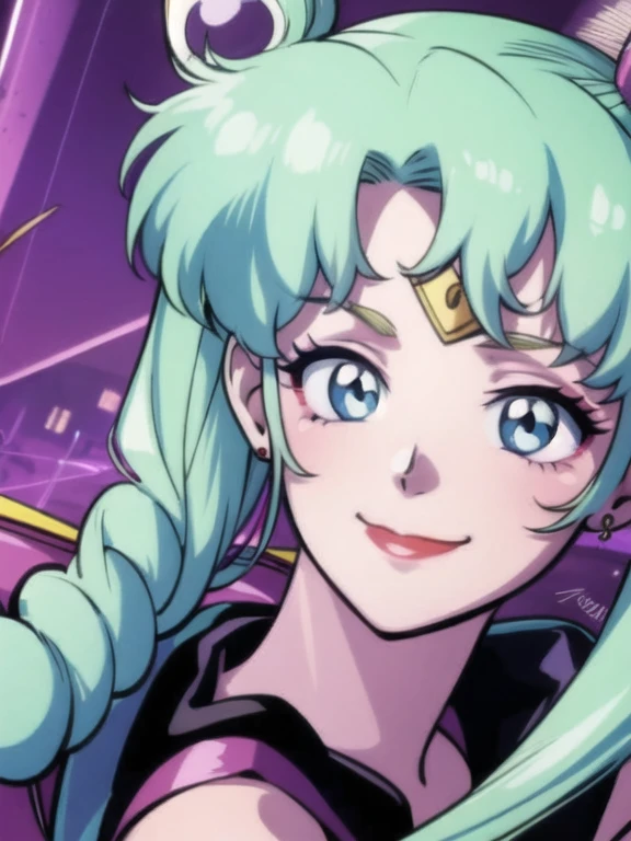 tsukino usagi, close up, sailor moon, 1girl, solo, long hair , as harley quinn, makeup, evil smile,