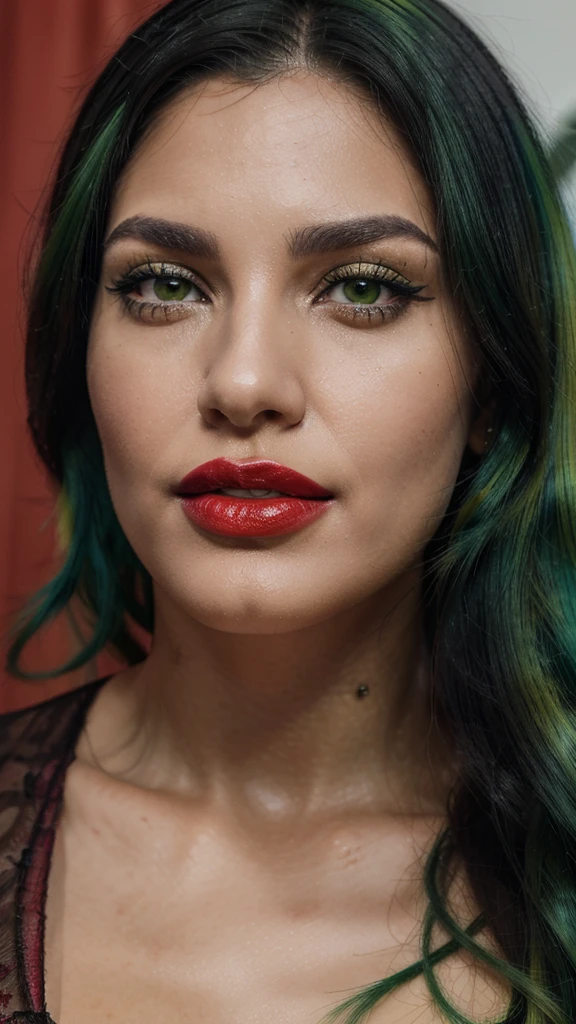 8k, close up photo-realistic portrait of beautiful 29 year old Brazilian woman, ((black and green hair, , different color eyes,red lipstick, unique appearance))