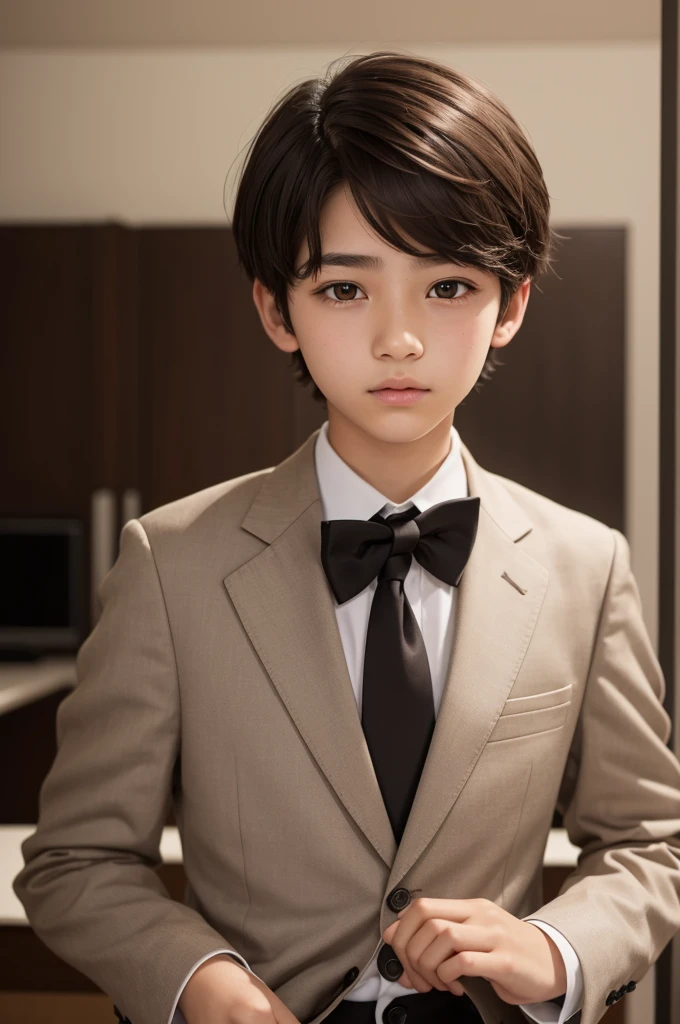 15 year old teenager, with short hair, dark brown, has brown eyes, with formal clothes