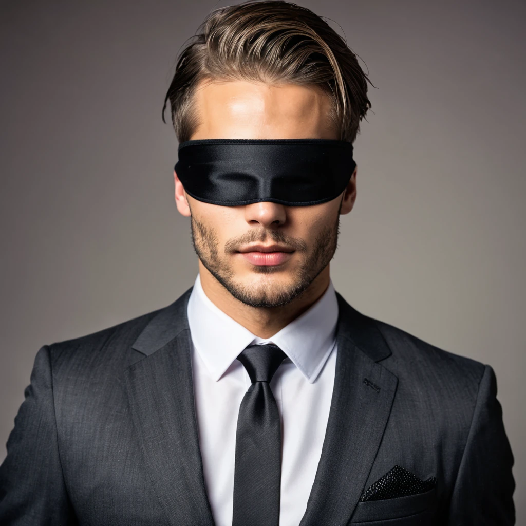 young handsome man with blindfold in a suit, light stubble, face centered in the lens, square jaw
