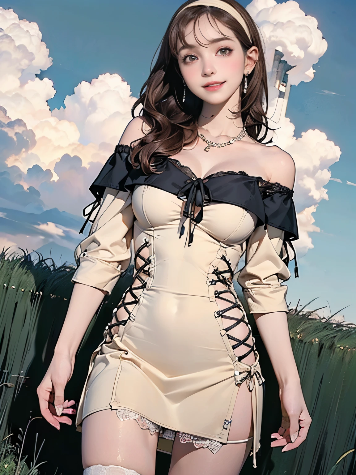 ((((Highest quality))))、(((Ultra-precision CG16K wallpaper)))、(((masterpiece)))、(((Super detailed)))、(((Extreme detail)))、((1Mature 29 year old woman:1.6))、((Very beautiful Japan face of a person))、((Urizane Face:1.8))、((Medium Straight Hair:1.8))、(Shiny Hair)、A delicately drawn beautiful face、(Dark Eyes、Reflected light from the eye)、double eyelid、High nose、Small nostrils、Small Mouth、Seductive lips、Beautiful breasts、((C cup size breasts))、Cleavage、Delicate nails、Beautiful feet、Thin thighs、eight-headed body、Perfect proportions、Perfect Anatomy、Perfect composition、Beautiful detailed shading、Beautiful, natural lighting、Beautiful detail glow、Depth of written boundary、(((High chroma)))、(((Real:1.9)))、((vivid:1.5))、((Beautiful Skin))、((Skin Texture))、((Realな皮膚感))、(((Cowboy Shot:1.6)))、(((front view、shoot from front、front low angle:1.6)))、(((smile:1.6)))、(((looking at viewer:1.6)))、Bright daylight、Natural light、(((background_Grass Square、Sky and Clouds:1.5)))、(Gravure idol pose:1.6)、(((Black and white off-the-shoulder lace-up mini dress:1.6)))、((hair band、necklace、Wearing earrings:1.5))、((Lace Stockings Clothed:1.2))、