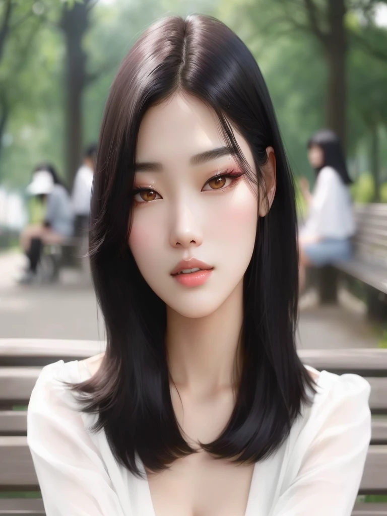 araffe woman with black hair and a white shirt sitting on a bench, beautiful south korean woman, shoulder-length black hair, beautiful young korean woman, korean girl, gorgeous young korean woman, korean symmetrical face, shoulder length black hair, korean woman, young adorable korean face, jaeyeon nam, white hime cut hairstyle, with short hair, popular korean makeup , black pink jennie and black pink lisa