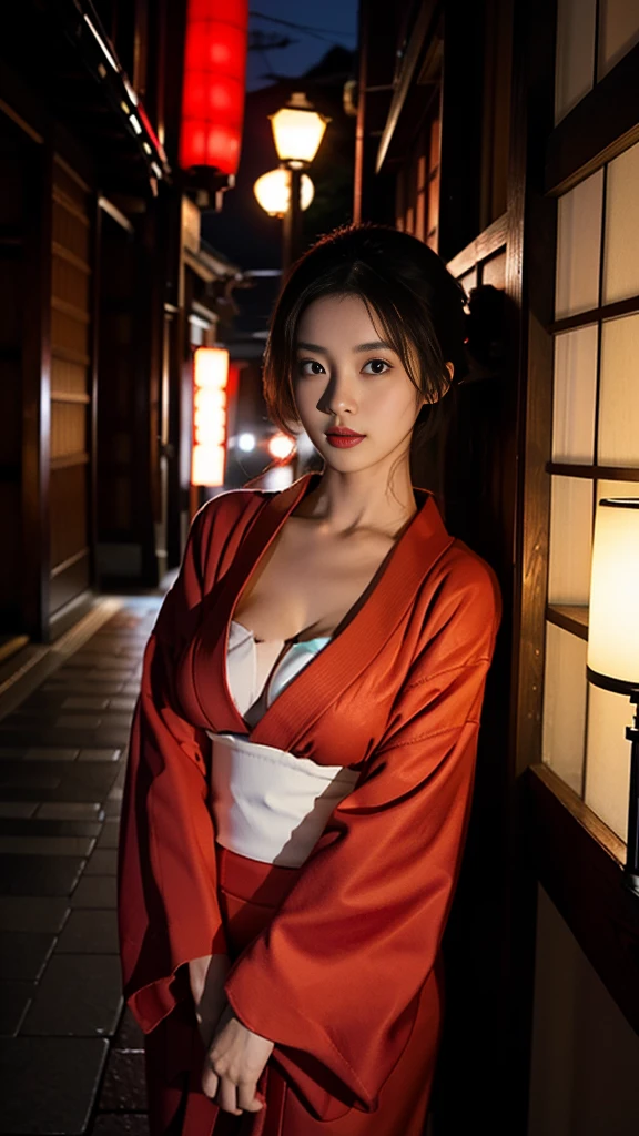 one girl,Beutiful women, In a corner of Kyoto,At night,Wear a red kimono,Large Breasts