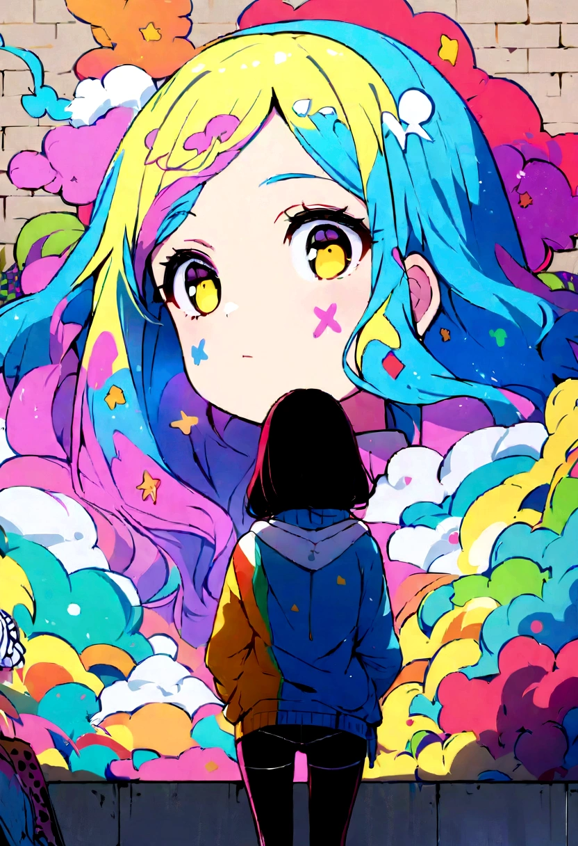 (best qualityer), work of art, extremely detailed 8K CG uniform illustration, high color, extremely high color saturation, all the colors deepened, paint, graffiti art, Central composition, extremely detailed light and shadow, parede de graffiti, wall painted bright, 1 girl writing graffiti 1 girl looking at the wall, extremly detailed face and eyes, Medium length hair, Sportswear, colorful clouds