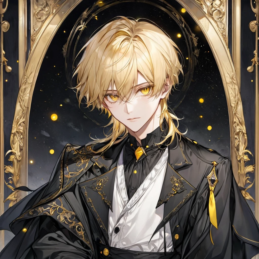 young man mystérieux, yellow eyes and blond hair. Il porte un costume noir et sourit