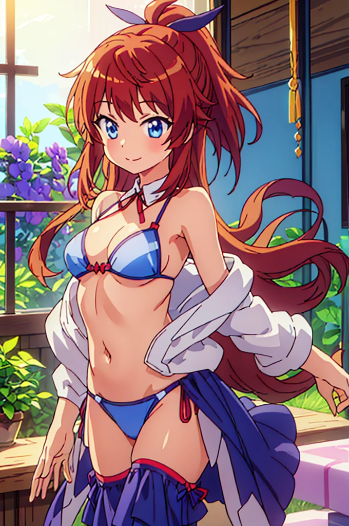 (highly detailed CG illustration), (masterpiece), (best quality), (ultra detailed), (illustration), (1female), standing, Fashion model, (detailed background), (ultra detailed body), (beautiful detailed body), (highly detailed body), beautiful detailed eyes, delicate beautiful face, Floating,(high saturation),(colorful splashes),colorful bubble,(shining), focus on face, floating flowers, floating hairs, (shining), best lighting, best shadow, 1female solo, solo, full body, (highly detailed CG illustration), blue_eyes, blush, brown_hair, bangs, long_hair, closed_mouth, ponytail, ribbon, hair_ribbon, red_hair, koshigaya_natsumi_nonnonbiyori, very seductive pose, very cute smile, (anime style), (highly detailed bikini), (beautiful detailed bikini), (ultra detailed bikini), (highly detailed bikini), (highly detailed body), (beautiful detailed body), (ultra detailed body), (highly detailed hair), (beautiful detailed hair), (ultra detailed hair), (highly detailed smile), (beautiful detailed smile), (ultra detailed smile)