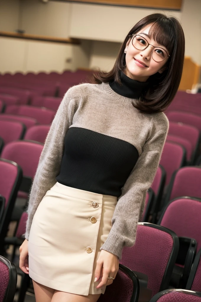University lecture hall, university psychology associate professor, ((full body)), ((photo)), ((best qualtiy, 8K, tmasterpiece:1.3)), Focus:1.2, perfect figure beautiful woman:1.4, 1woman, cowboy shot, look at viewer, eyes facing the camera, incredibly absurd, beautiful and cute woman with a photorealistic face, showcasing top-quality craftsmanship, A Japanese woman giving a lecture at a university lecture hall, 27 years old, with a bob cut and flipped hair, short bangs swept at an angle, smooth and shiny hair, natural hairline, fair and smooth skin, plump and healthy cheeks, large, jet black eyes, round eyes, long and upward-facing eyelashes, double eyelids, thin and straight eyebrows, small and round nose, plump lips, upturned corners of the mouth, charming smile, cute face, glamorous, well-balanced proportions, tall, beautiful D-cup breasts, silver-rimmed glasses, pink blouse, black tight skirt, fashion with a waist-marked silhouette, scarf, heeled shoes, vanilla perfume, beautiful, pretty older woman, glasses suit her, knowledgeable, playful, curious, intelligent, elegant, November