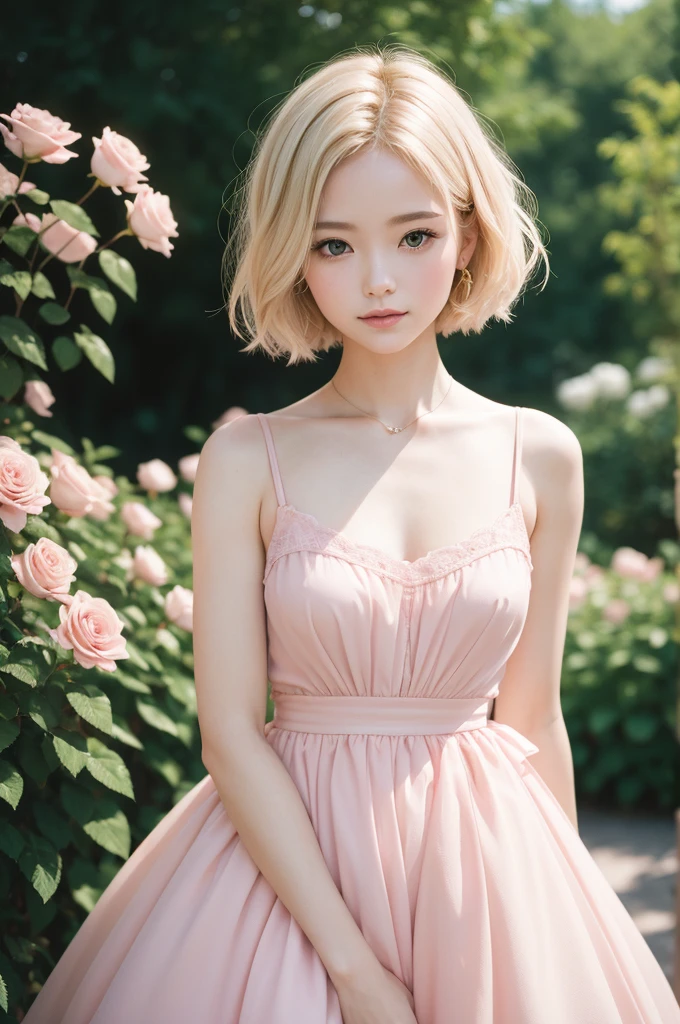 8K, CRU photo, Fujifilm, style photo of a beautiful young woman like Avril in a light pink rose garden (highly detailed skin: 1.2) Style-Petal BREAK short hair, blonde hair with colored highlights, wearing a dress, film grain, 35mm, cute style