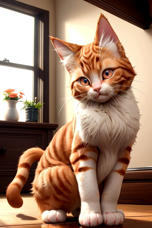 As Oliver, the fluffy cute ginger cat, jumped down from the windowsill, his fur bounced with each graceful movement. He padded softly across the wooden floor, heading towards the kitchen, where the delicious smell of breakfast filled the air. His eyes widened with anticipation, and he licked his lips eagerly. (good quality:1.2), (Ultradetailed:1.2), (ultradetailed face:1.2), (ultradetailed body:1.2)