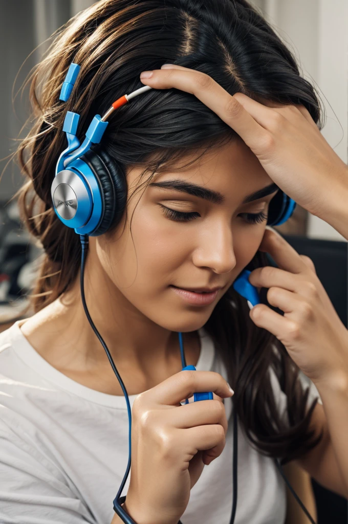 A person trying to untangle the wires of headphones 