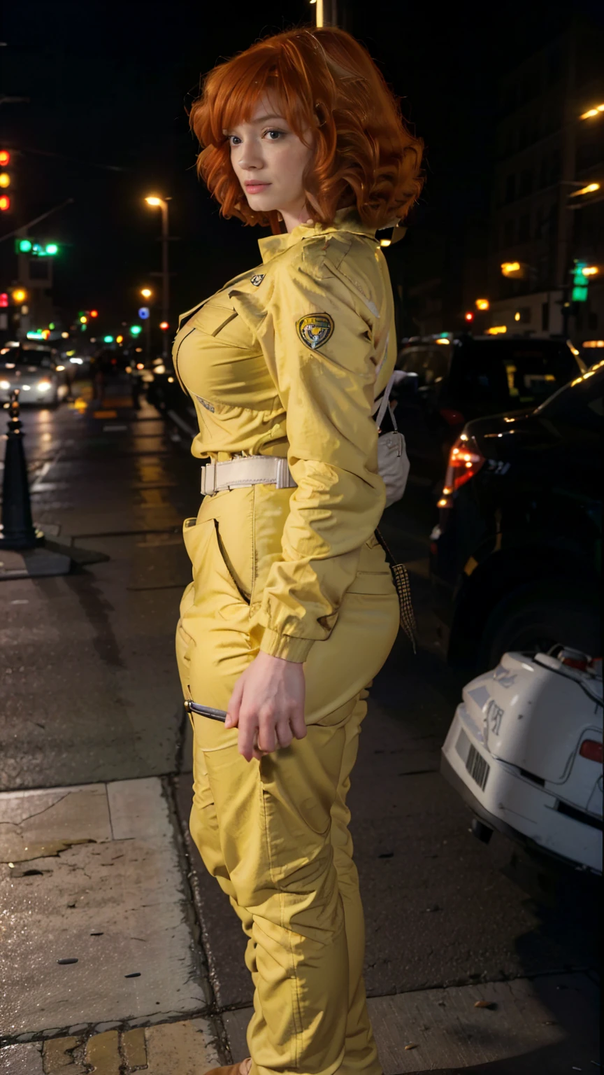 (masterpiece), (best quality), (solo character), (photorealistic:1.4), (c7r1s1h3n6r-smf, CHristina Hendricks), (April O'Neil_v1 jumpsuit), (yellow jumpsuit), (April O'Neil_v1 white belt), ), (epiCRealLife), (lora:epiCFlashPhoto), (red hair), (brown eyes), (young woman), (flashphoto), (night time), (new york city street), (traffic light), (different camera angle shots), (look at viewers), (cowboy shots), (close up)