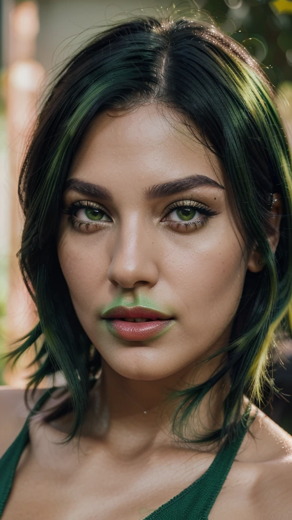 8k, close up photo-realistic portrait of beautiful 29 year old Brazilian woman, ((black and green hair, , light green eyes, pink lipstick, ))