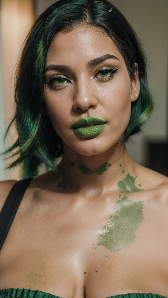 (4k, high level of detail, HDR, DSLR, realistic) woman, Latina, perfect figure, curves, curly hair, tight curls, red lipstick, long eyelashes, eyelashes, covered in green slime, slime dumped on woman, green slimed hair, neon green, neon green goo, gunged, green gunge, green paint, goo, sticky, smile, glee, happy, Nickelodeon slime, splattered, drenched, soaked, slimy, slimy, slimy, slimy, slime in hair, full coverage, slippery, sensual, splat, sloppy, goop, thick, dark green sludge, Nickelodeon slime, deluge, oozing slime, dripping slime, green slime on her hair, slime on her head, plume of slime from above, slime from above, covered in green slime, ooey gooey, goo in hair, goo on hair, goo on head, green snot, snotty, green mucus, green slime, green slime, green slime, green slime, green slime, green, slimed, slimed, slimed, slimed, slime on head, green paint, green paint in hair, thick, slime, creamy, slime on face, green goo on face, dripping