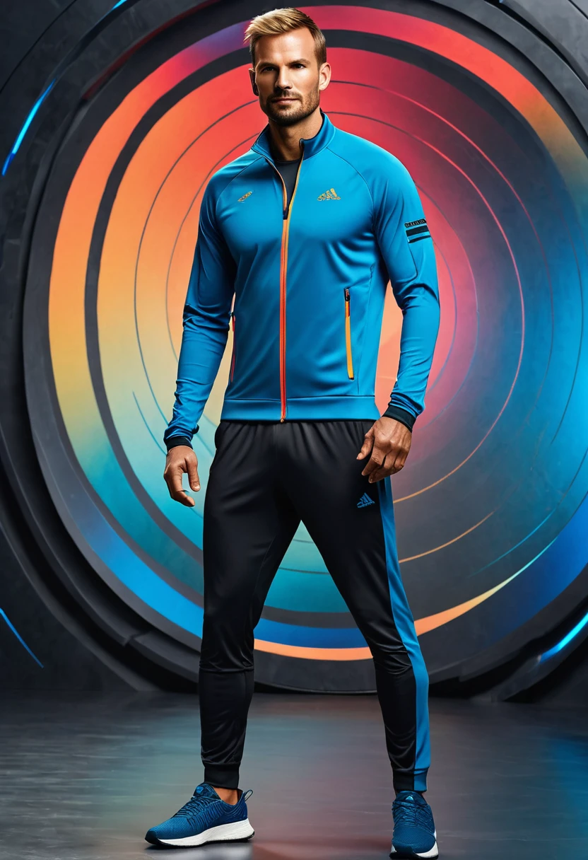 (Best quality), (Highly detailed), (High resolution), (8K), (Realistic), (Portrait), (Full body), A Dutch man named Hans van der Meer, with a rugged, masculine face texture and a defined mid-jawline, looking energetic in sport attire, standing confidently against a vibrant, futuristic concept art background