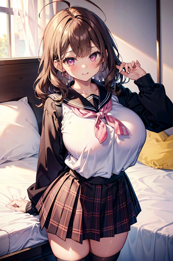 masterpiece, One girl,  Brown haired girl, Wearing a sailor suit, Curly medium hair, The body is slim,  Pink eyes, Ahoge, , Huge breasts, Beautiful breasts, Round Breasts, Long sleeve, Beautiful Eyes, Black knee-high socks, , skirt, black skirt, plaid skirt, Brown sailor color, flared skirt, Tight shirt, skirt, Bedroom M-shaped legs Pussy Open legs Horny Tongue licking Slanted eyes