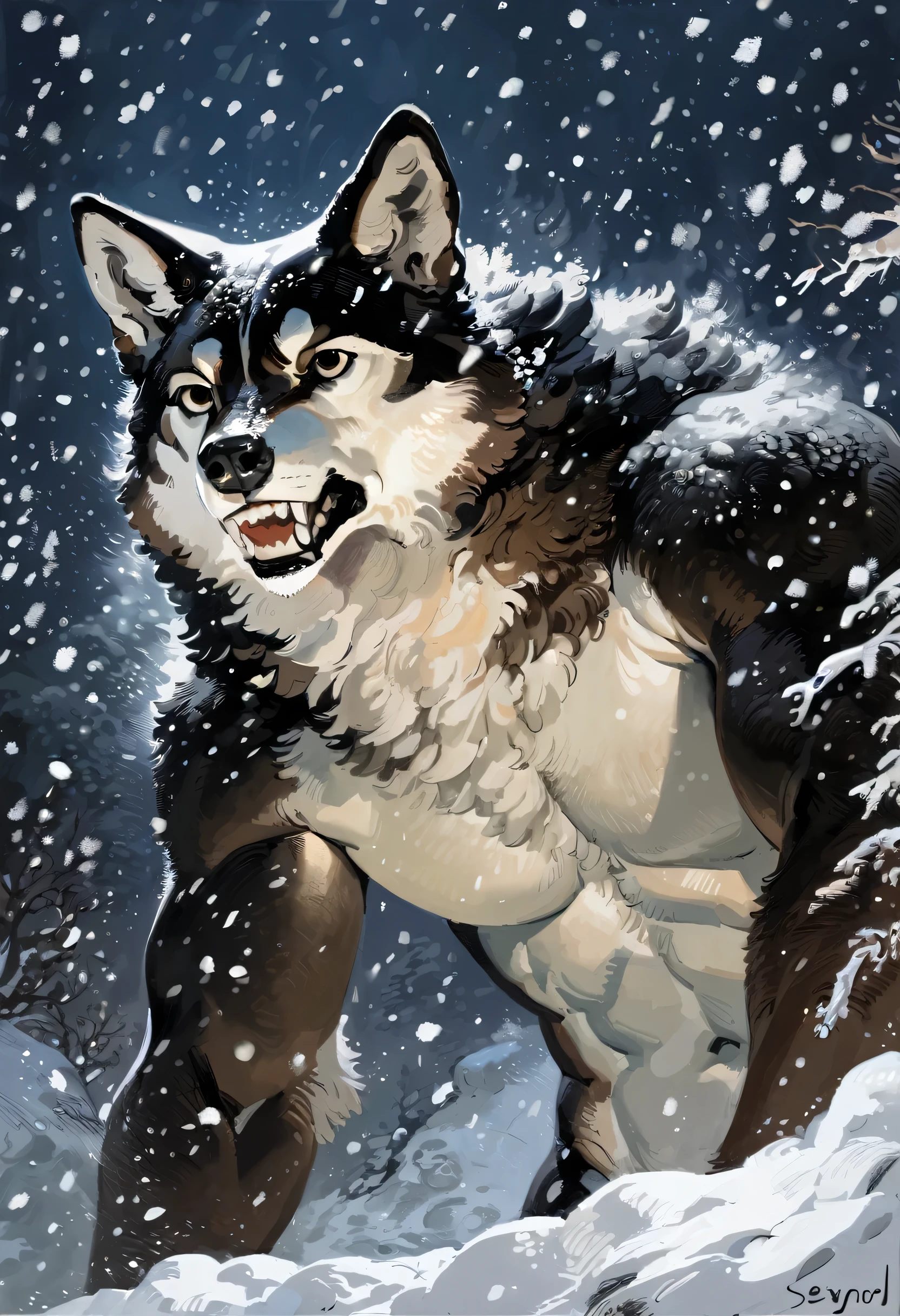 solo, male, anthro, (Husky), by seyorrol, digital artwork, ((detailed background)), intricate detailed blizzard background, heavy blizzard, mysterious shadows, realistic shading, (epic, masterpiece, high quality, 8k, ultra HD, absurd res, top quality, best quality, max quality, masterpiece), ((sexy, feminine body)), cloudy sky, (realistic fur), looking away, ((perfect hands)), struggling to walk through blizzard, close to camera, ((serious expression, baring teeth, realistic teeth, perfect teeth)), snowing very heavily, nighttime, (((half body))),