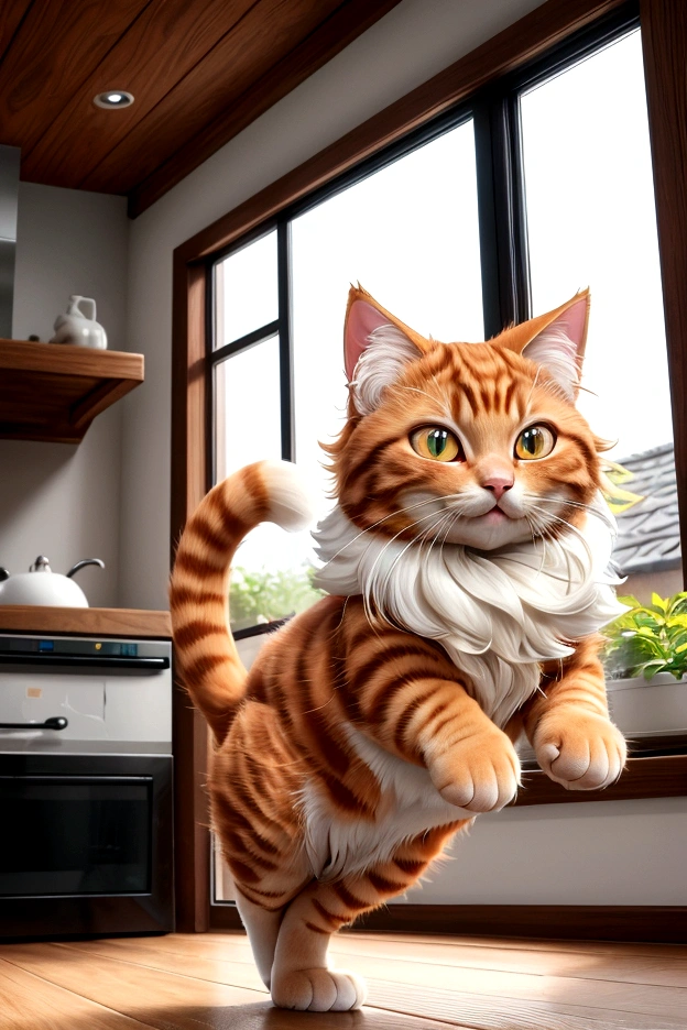As Oliver, the fluffy cute ginger cat, jumped down from the windowsill, his fur bounced with each graceful movement. He padded softly across the wooden floor, heading towards the kitchen, where the delicious smell of breakfast filled the air. His eyes widened with anticipation, and he licked his lips eagerly. (good quality:1.2), (Ultradetailed:1.2), (ultradetailed face:1.2), (ultradetailed body:1.2)