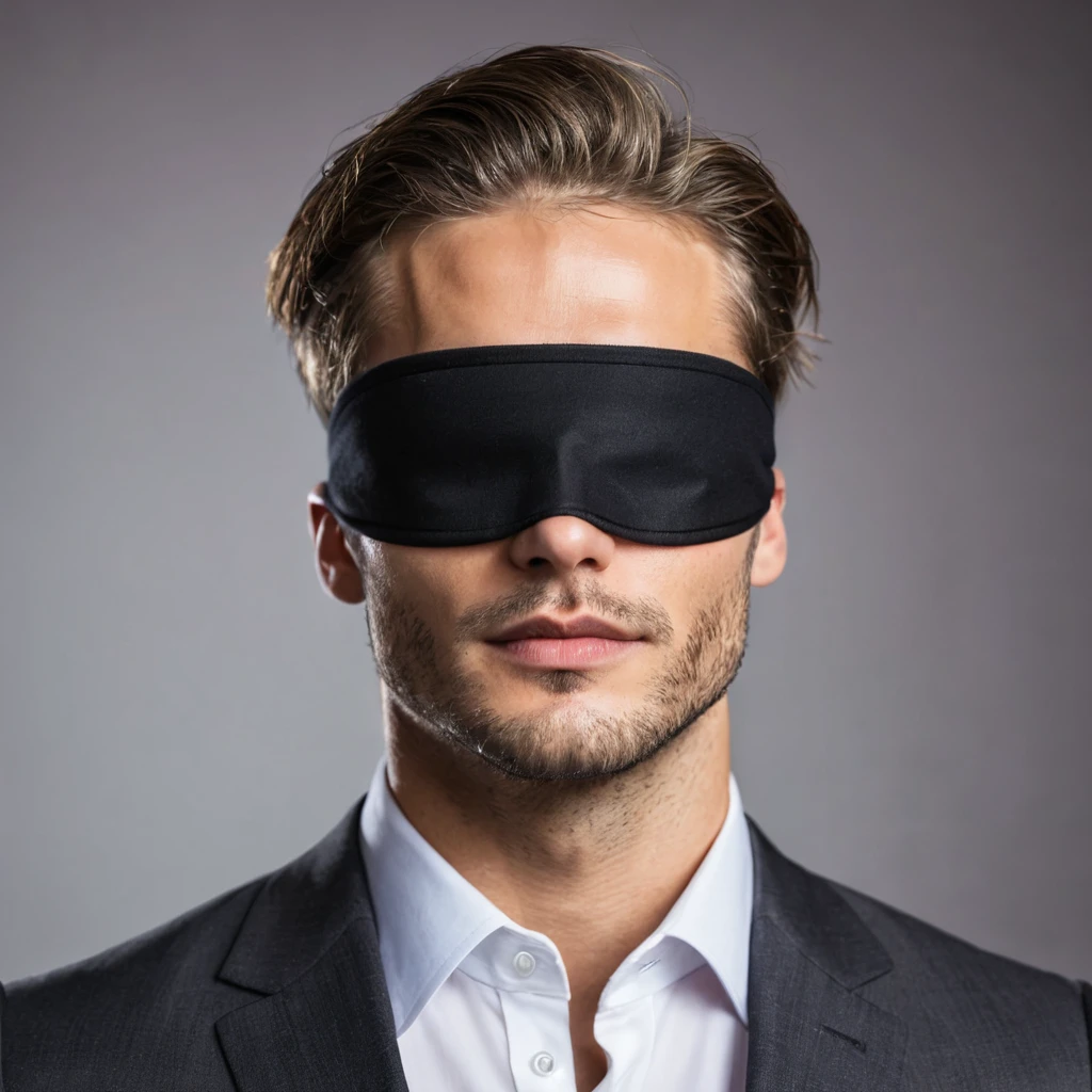 young handsome man with blindfold in a suit, light stubble, face centered in the lens, square jaw