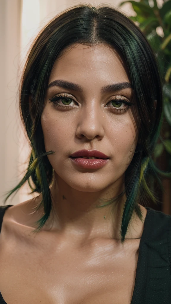 8k, close up photo-realistic portrait of beautiful 29 year old Brazilian woman, ((black and green hair, , light brown eyes, pink lipstick, ))