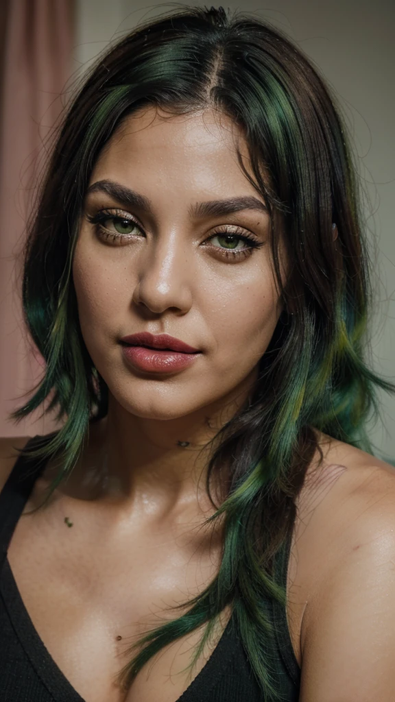 8k, close up photo-realistic portrait of beautiful 29 year old Brazilian woman, ((black and green hair, , light brown eyes, pink lipstick, ))
