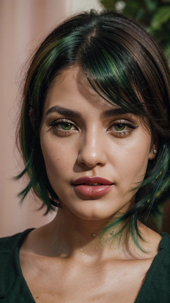 8k, close up photo-realistic portrait of beautiful 29 year old Brazilian woman, ((black and green hair, , light brown eyes, pink lipstick, ))