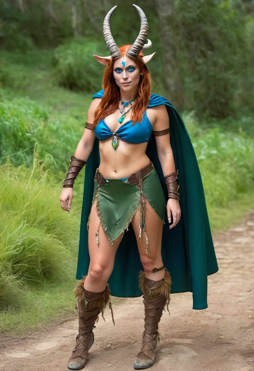 Satyr woman with horns, sorceress, an amazon, red unkempt shoulder length hair, in the clothes of a traveler, blue eyes slender legs with hooves similar to the legs of a demon, There are birthmarks on the shoulders of a dark green cape, natshea in the ears decorations made of bones