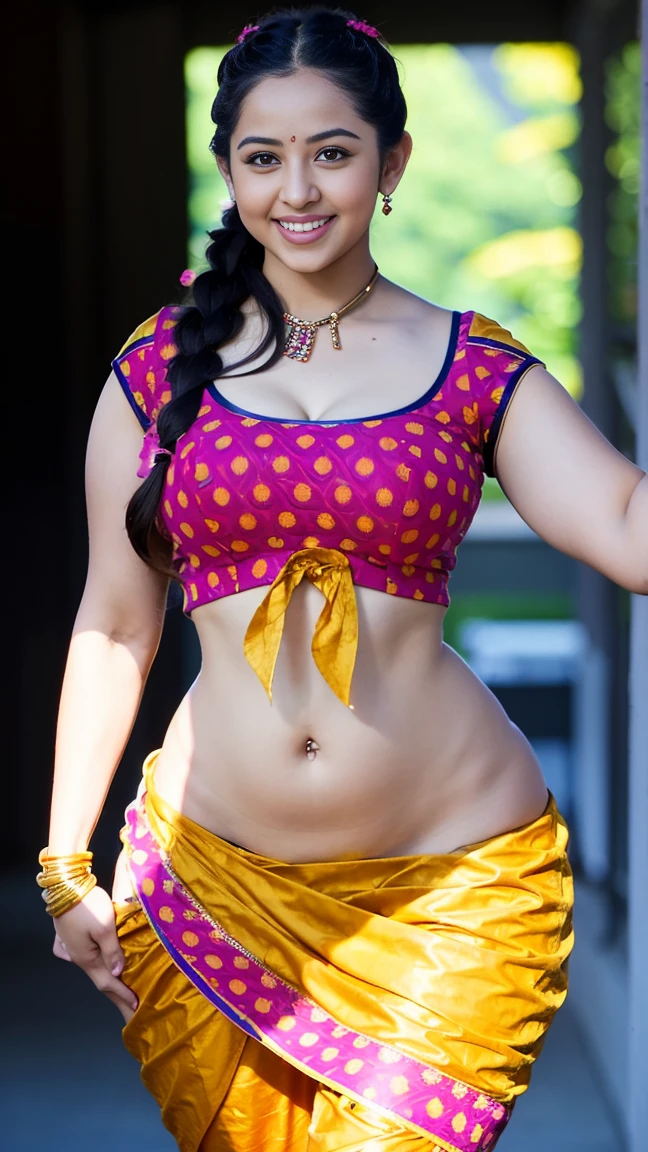 HD wallpaper 32k cinematic shoot of a Beautiful cute girl, with thick thighs and a curvy waist, twin braids,  wearing an Indian blouse top, horny, seductively, in a school corridor, dotted blouse top, smiling, ((long curvy waist)), ((lowwaist)), ((curvy waist))