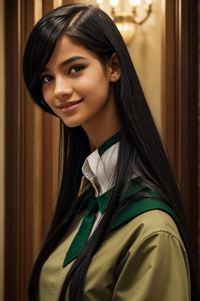 A girl between -17Physically, he has a skin tone between light and dark.,He has black hair with red strands in the front of a medium size,honey colored eyes and long eyelashes,wear the Slytherin uniform,with a sharp jaw and a turned-up nose,a perfect smile and big, full lips,what a dark femine vibe