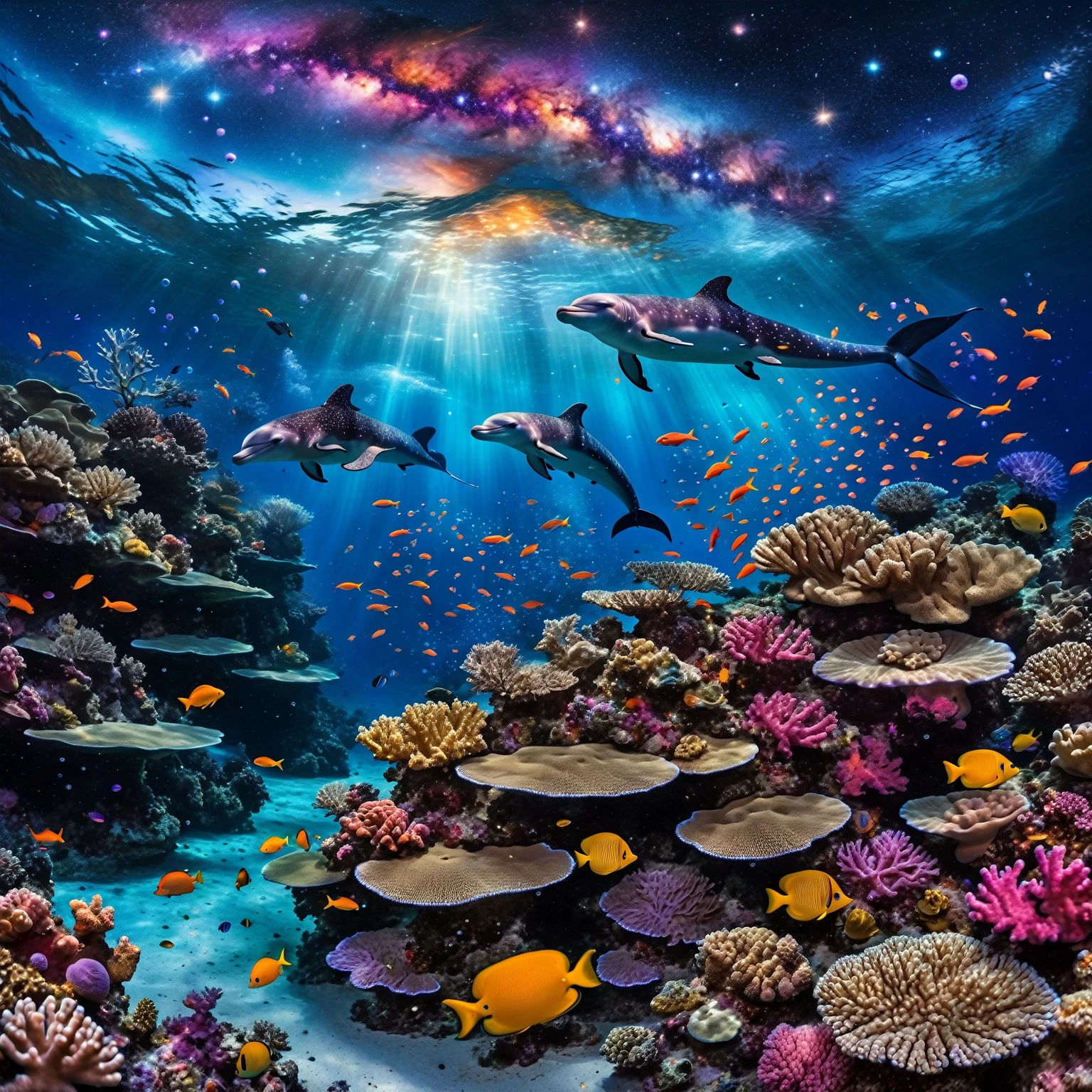the image showcases a hyper-realistic and fantastical style, blending elements of underwater photography with digital art touches.(( A diver in full gear explores a vibrant coral reef )), surrounded by multicolored fish that emit pulsating lights. ((Small bioluminescent creatures dance around the diver, leaving luminous trails behind them )). only one dolphin, gracefully leaping above the water toward the upper center of the image, leaves a trail of stardust in its wake. Ethereal bubbles reflecting the cosmic sky gently float around the underwater scene, while bioluminescent orbs drift in the water, emitting a soft bluish light and creating mystical reflections. The dense and colorful coral reef occupies much of the center of the image, while the background shows a transition between the ocean and a spectacular starry sky, with luminous galaxies and nebulae. Silhouettes of mythical creatures, such as mermaids or aquatic dragons, can be seen in the background. The depth of field is vast, allowing for clear sharpness of both near and distant elements, giving a sense of immensity and depth to the image. Dominant colors include deep blues of the ocean, vibrant oranges and yellows of the fish, and purples and pinks of the galaxies and corals. These contrasting colors enhance the fantastical and dreamlike quality of the image. The composition follows a diagonal from the bottom left to the top right, guiding the viewer's eye from the diver and corals to the dolphin and the cosmic sky. This diagonal reinforces the dynamism of the scene. Finally, a shimmering mist envelops the scene, giving it an ethereal quality, almost like a dream.