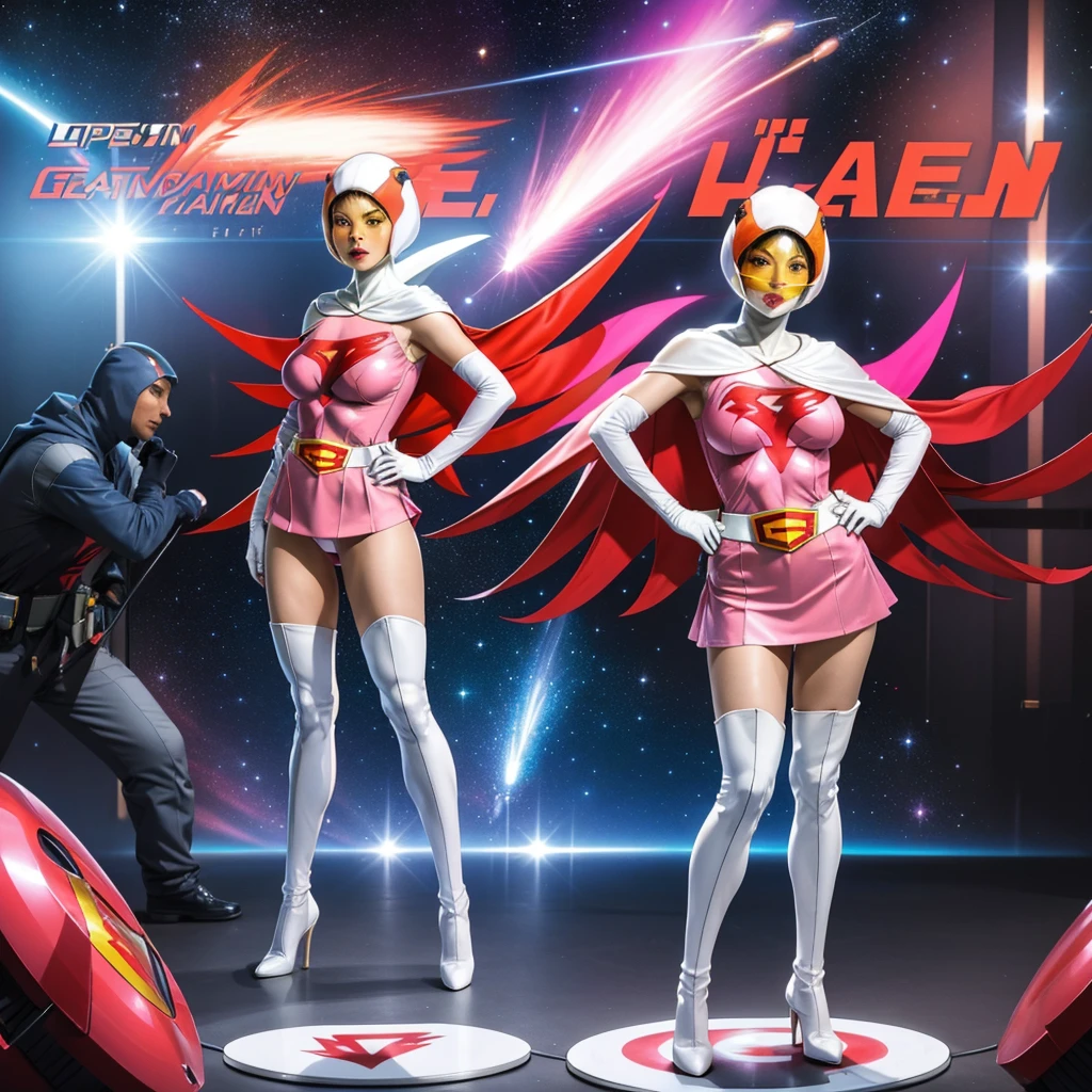 ANI_CLASSIC_jun_gatchaman_ownwaifu,1girl, 15yo,good anatomy, masterpiece, best quality,realistic, hyper realistic, 16k hdr, long hair,breasts,lips,large breasts,lipstick,makeup,gloves,cape,helmet,belt,elbow gloves,white gloves,mask,ultra miniskirt,leotard,spacesuit,white tight overknee highheels boots,pink dress,superhero,bodysuit,cleavage,erected nipples,(stand pose,hands on hip),(spread legs:1.1),cameltoe