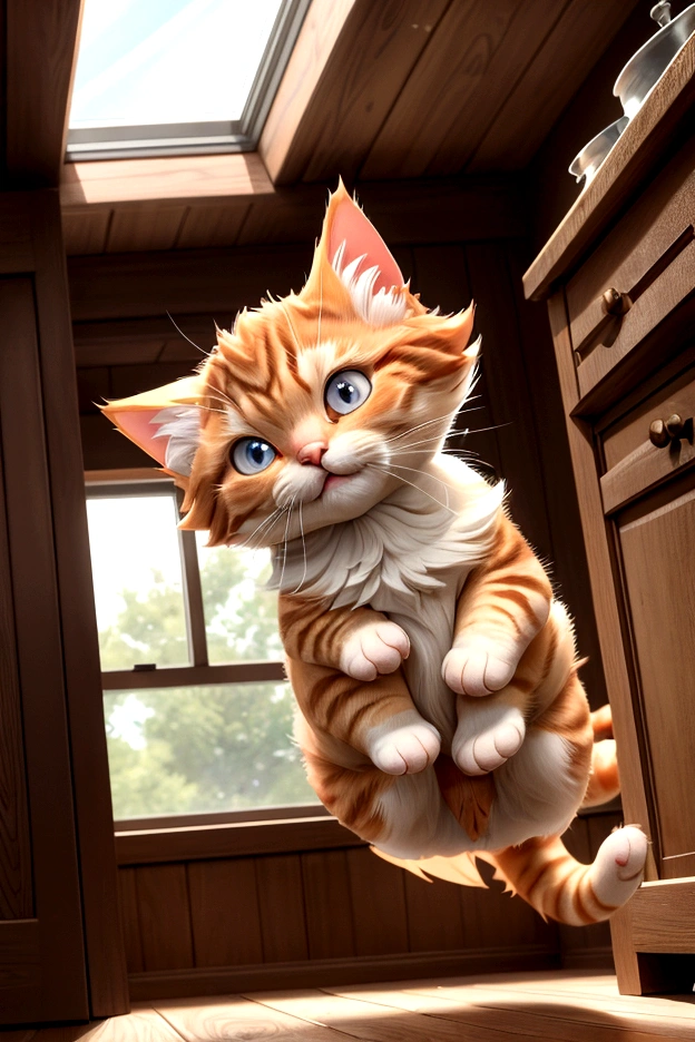 As Oliver, the fluffy cute ginger cat, jumped down from the windowsill, his fur bounced with each graceful movement. He padded softly across the wooden floor, heading towards the kitchen, where the delicious smell of breakfast filled the air. His eyes widened with anticipation, and he licked his lips eagerly. (good quality:1.2), (Ultradetailed:1.2), (ultradetailed face:1.2), (ultradetailed body:1.2)