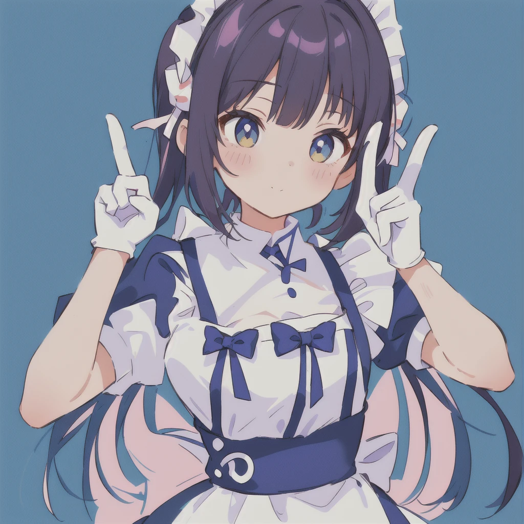 a woman in a Maid outfit is making a peace sign, anime girl in a Maid costume, With index finger, Maid outfit, shikamimi, Maid, changesh, anime cat girl in a Maid costume, , change, Splash art anime , Shirabii, Twin tails white_gloves, Anime Moe Art Style