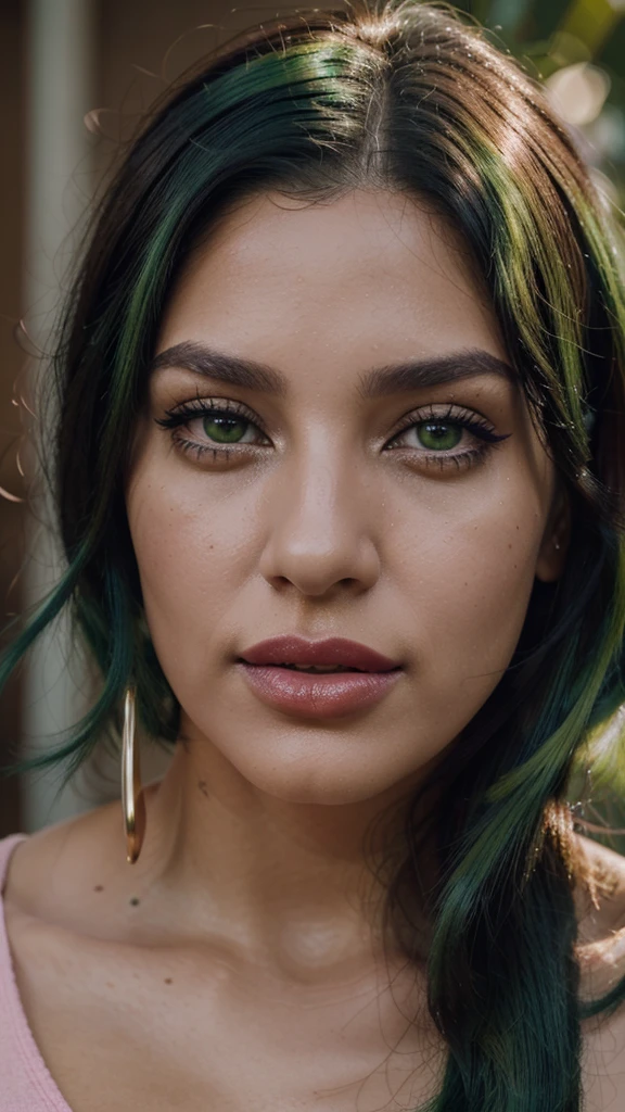 8k, close up photo-realistic portrait of beautiful 29 year old Brazilian woman, ((black and green hair, , light brown eyes, pink lipstick, ))