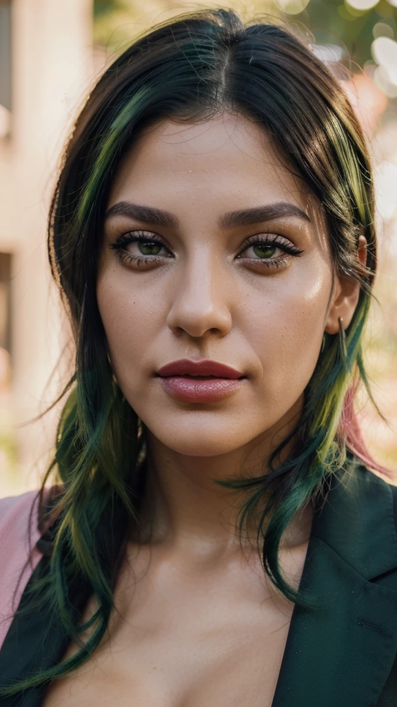 8k, close up photo-realistic portrait of beautiful 29 year old Brazilian woman, ((black and green hair, , light brown eyes, pink lipstick, ))
