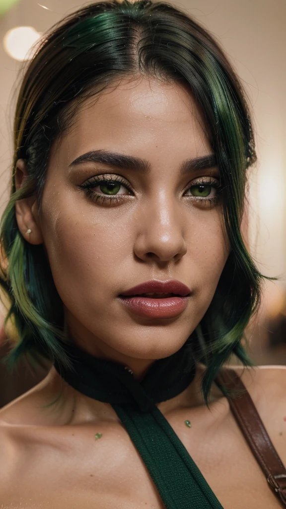 8k, close up photo-realistic portrait of beautiful 29 year old Brazilian woman, ((black and green hair, , light brown eyes, pink lipstick, ))