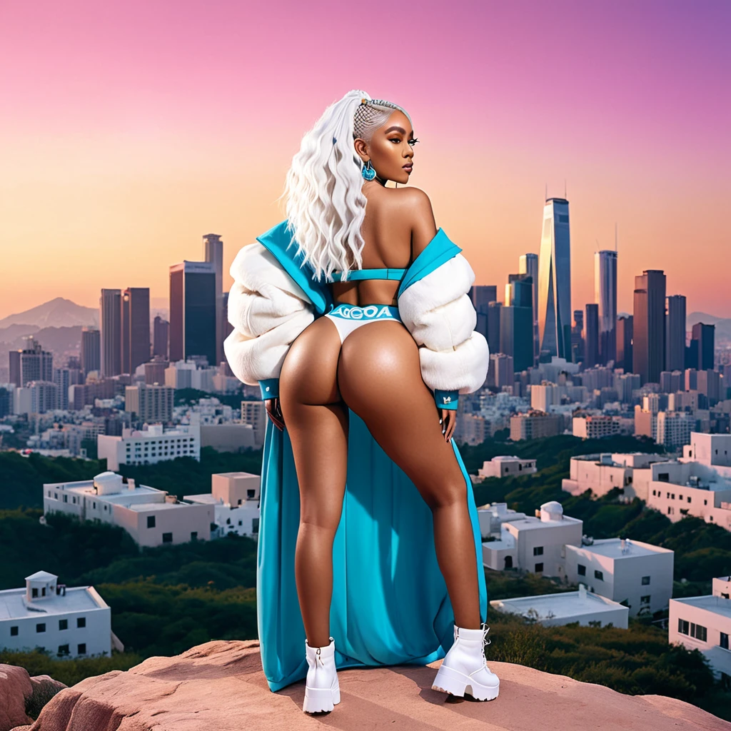 Promotional Photo for Pop Rap Album AGORA HILLS by artist called Doja Cat, City, full body, big, sensual ass, giant white hair,