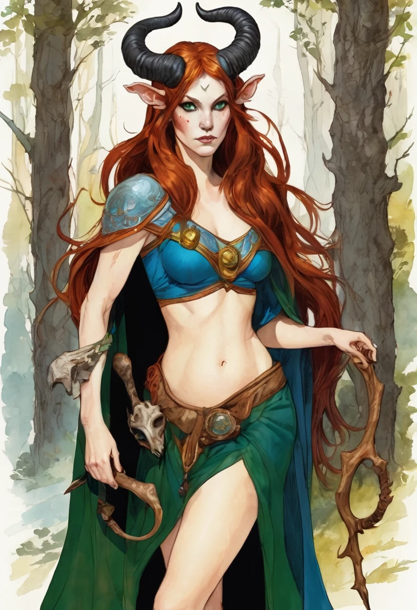 Satyr woman with horns, sorceress, an amazon, red unkempt shoulder length hair, in the clothes of a traveler, blue eyes slender legs with hooves similar to the legs of a demon, There are birthmarks on the shoulders of a dark green cape, natshea in the ears decorations made of bones