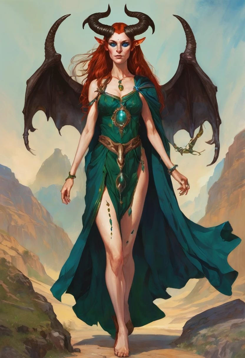 Satyr woman with horns, sorceress, an amazon, red unkempt shoulder length hair, in the clothes of a traveler, blue eyes slender legs with hooves similar to the legs of a demon, There are birthmarks on the shoulders of a dark green cape, natshea in the ears decorations made of bones