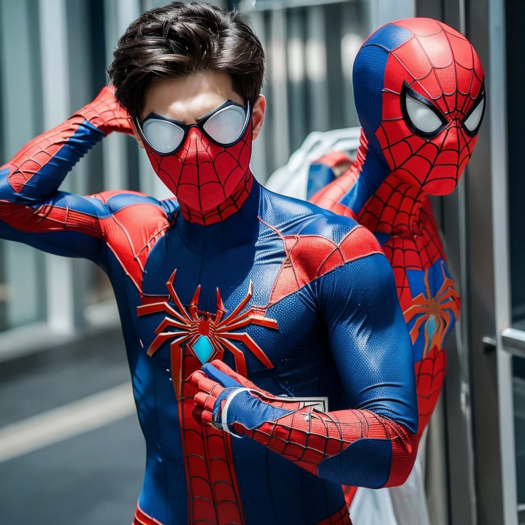 Boy dressed as Spiderman without mask (just the torso)