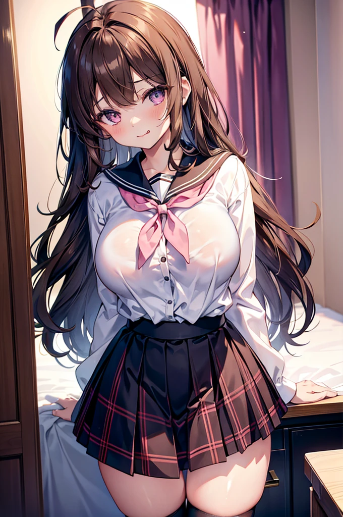masterpiece, One girl, Brown haired girl, Wearing a sailor suit, Curly long hair, The body is slim, Pink eyes, Ahoge, Baby Face, Huge breasts, Beautiful breasts, Round Breasts, Long sleeve, Beautiful Eyes, Black knee-high socks, , skirt, black skirt, plaid skirt, flared skirt, skirt, Bedroom M-shaped legs, pussy, legs spread, horny, tongue licking, slanted eyes, topless