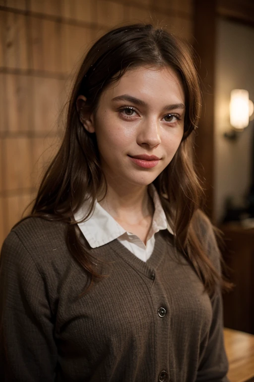 A girl between 16-, Physically, he has a skin tone between light and dark.,He has medium-sized brown hair with red highlights in the front.,honey colored eyes and long eyelashes,wear the Slytherin uniform,with a sharp jaw and a turned-up nose,a perfect smile and big, full lips,what a dark femine vibe